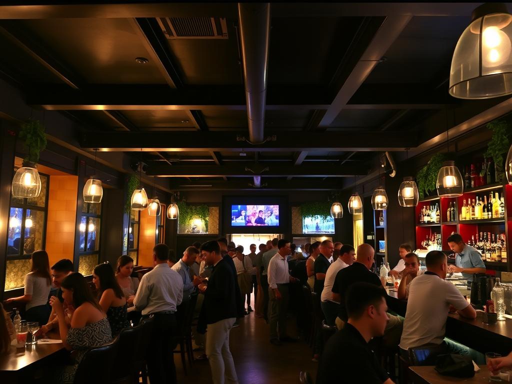 Interior of a stylish bar in Siem Reap with mixed local and traveler patrons, showing social opportunities in Siem Reap