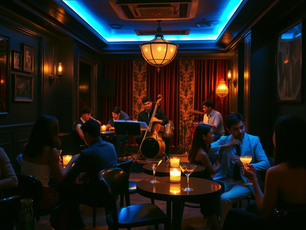 Intimate jazz lounge in Manila with live performers and travelers enjoying cocktails at small tables