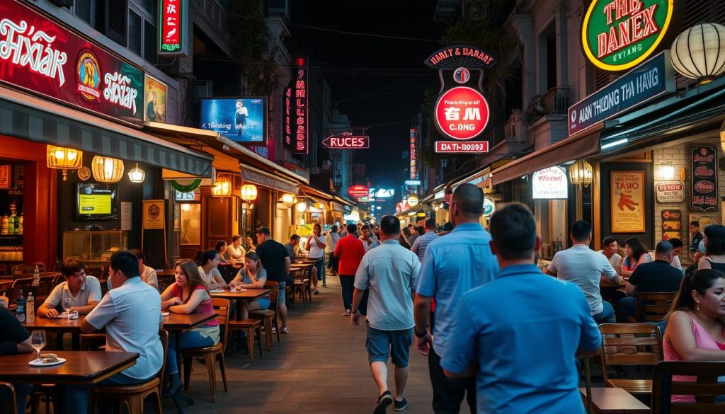 Lively street scene in An Thuong expat area of Da Nang with bars, restaurants and mixed Vietnamese-Western crowd