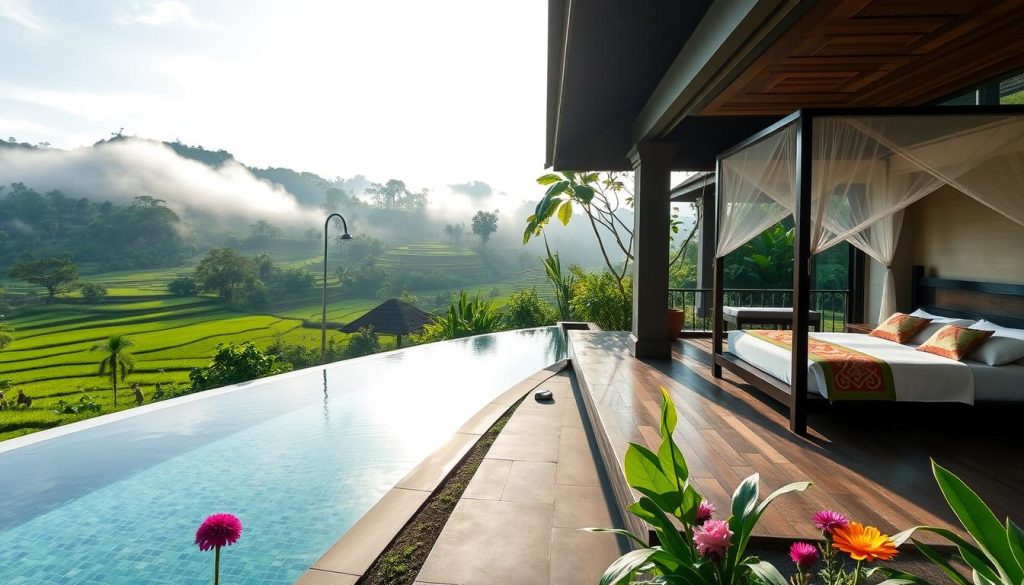 Luxury private pool villa in Ubud overlooking rice fields, representing accommodation cost of adventure in Bali