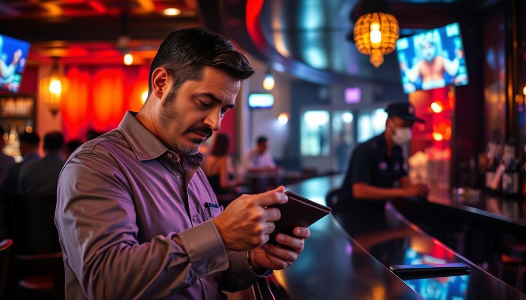 Man checking his wallet in an Indonesian nightclub with security guard nearby Man checking his wallet in an Indonesian nightclub with security guard nearby
