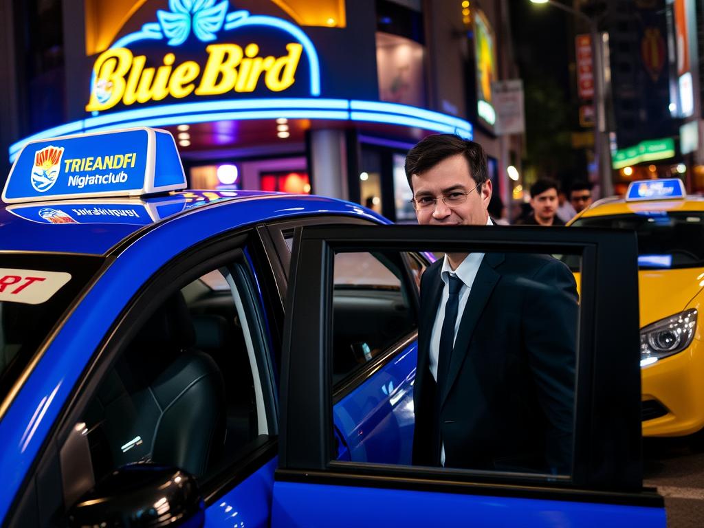 Traveler getting into a Blue Bird taxi outside a Jakarta nightclub Getting into a taxi