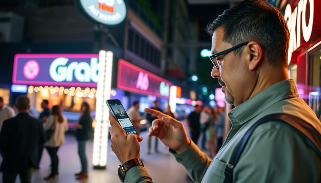 Traveler using Grab app to book transportation