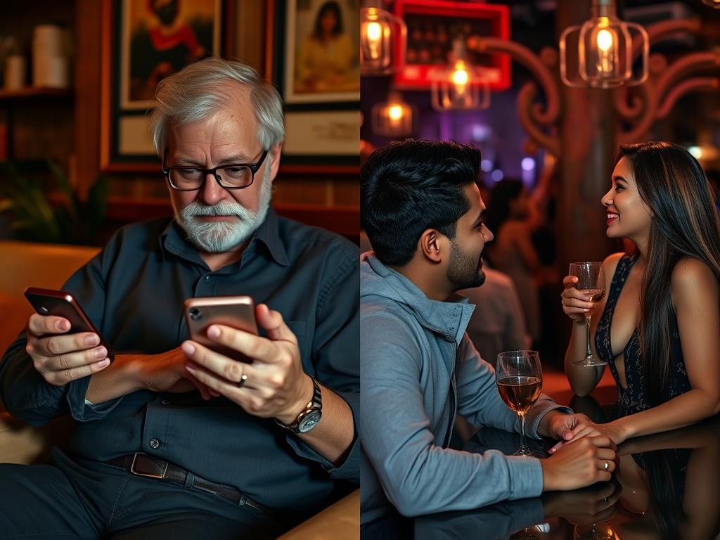 Man using travel app in a Cambodia cafe contrasted with nightlife scene