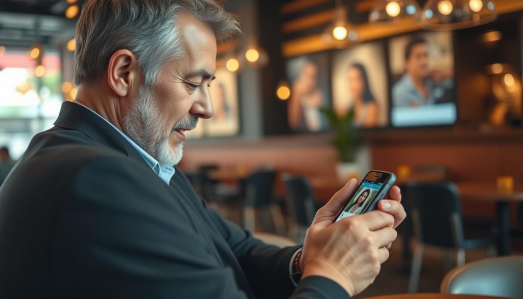 Using travel apps to meet people Traveler using travel apps on his phone