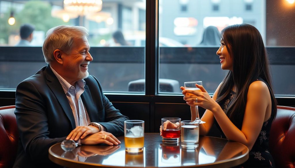 Young travelers engaged in conversation at an upscale Manila lounge