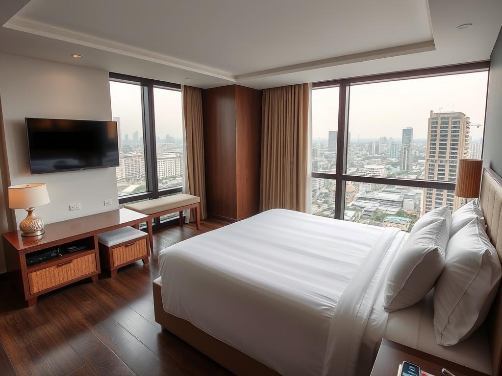 Mid-range hotel room in Phnom Penh with city view