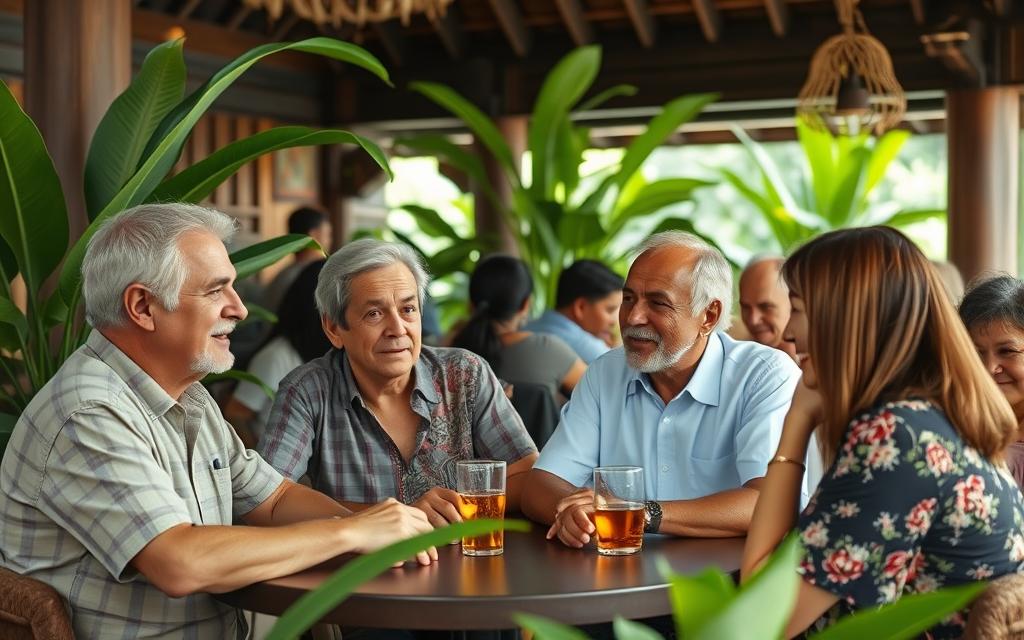 Mixed-age couples at popular meeting spots in Ubud, Bali