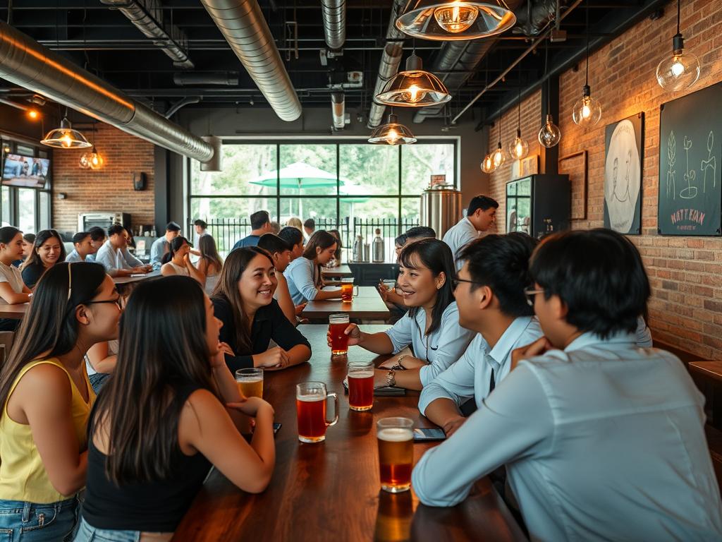 Modern brewpub in Quezon City with young professionals socializing over craft beers