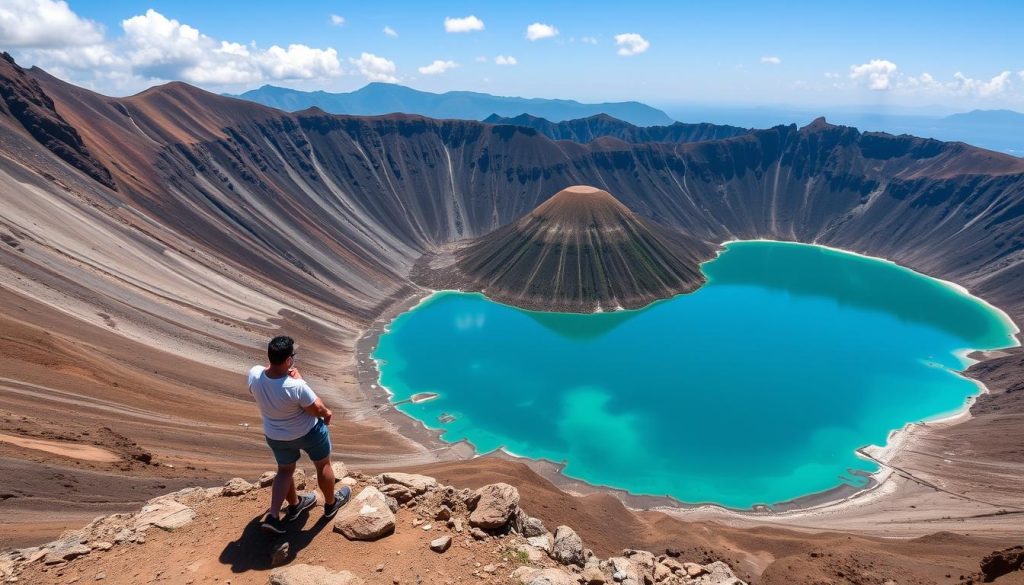 Mount Pinatubo crater lake with turquoise waters surrounded by volcanic landscape Mount Pinatubo crater lake with turquoise waters surrounded by volcanic landscape