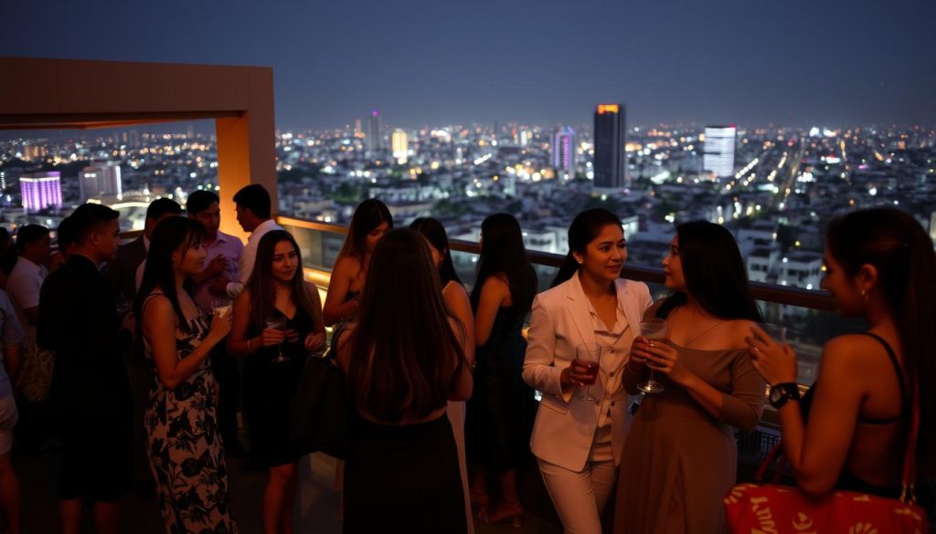 Nightlife scene in Phnom Penh showing upscale bars where travelers and locals socialize Nightlife scene in Phnom Penh showing upscale bars where travelers and locals socialize
