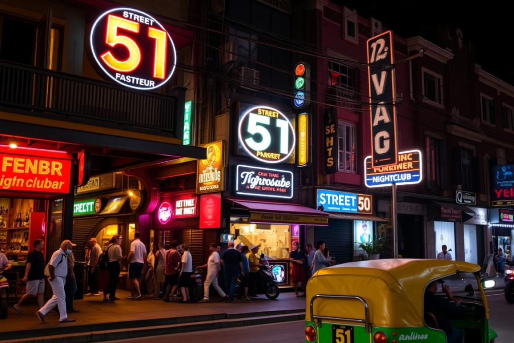 Nighttime view of Street 51 in Phnom Penh with bars and nightclubs, best hotels Cambodia
