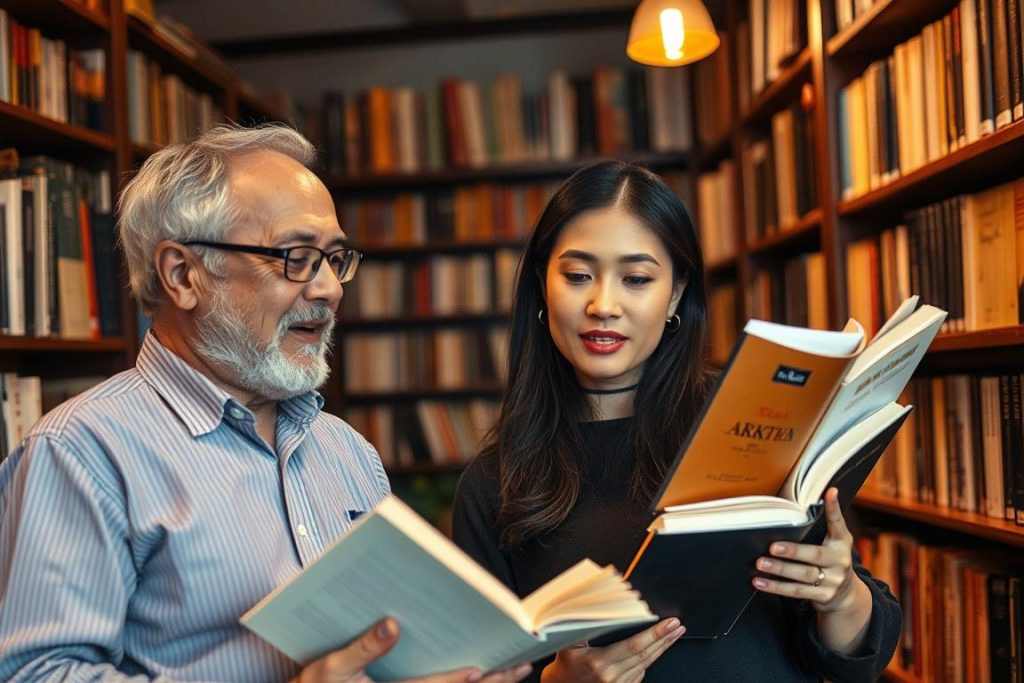 Travelers having conversation in a bookstore in Hanoi Travelers having conversation in a bookstore in Hanoi