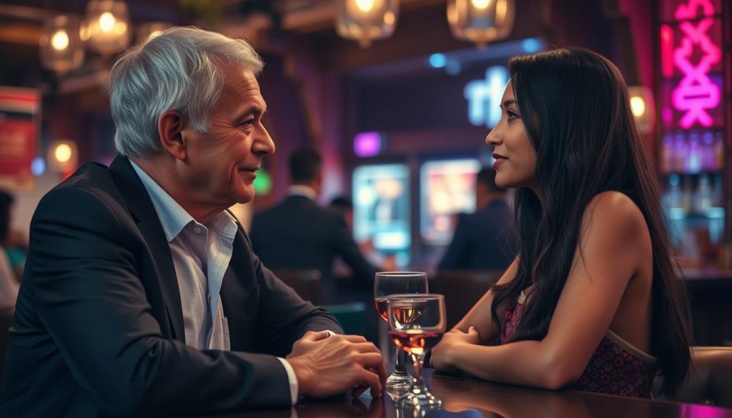 Young traveler respectfully conversing with local in nightlife setting