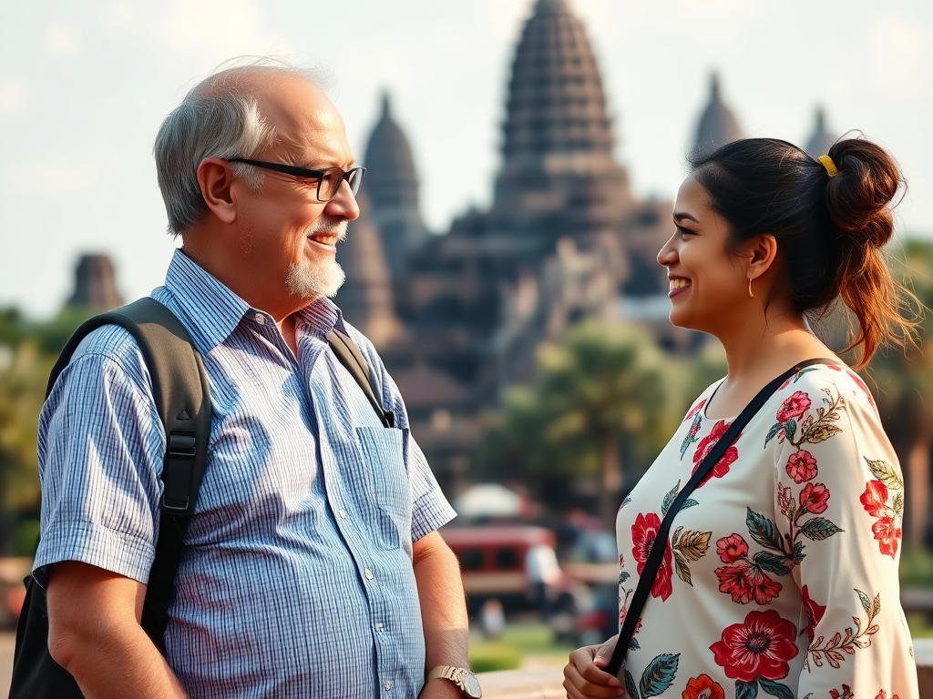 Friends enjoying conversation at Angkor Wat