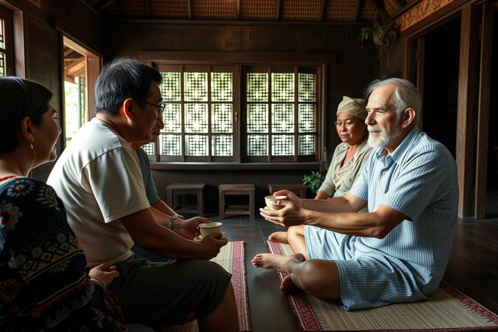 Older man meeting Balinese family in traditional home setting