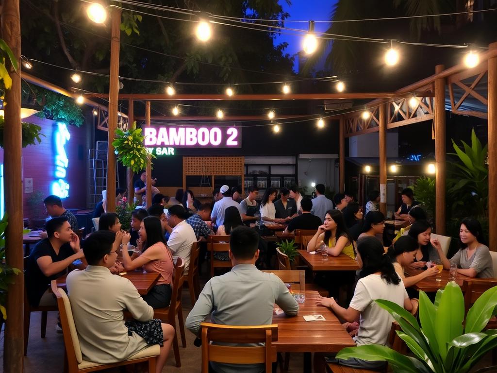 Outdoor seating area at Bamboo 2 Bar in Da Nang with mixed crowd