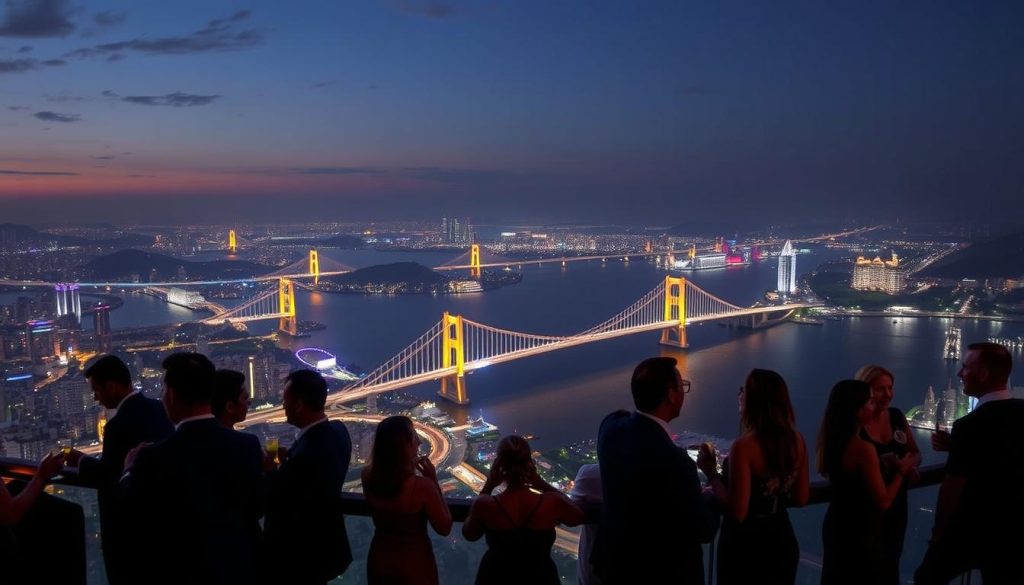 Panoramic night view from Sky36 Lounge in Da Nang showing the illuminated cityscape and Dragon Bridge
