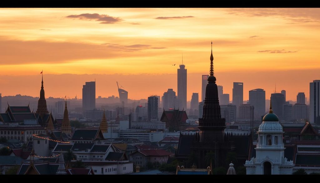 Panoramic view of Bangkok skyline with temples and modern buildings Panoramic view of Bangkok skyline with temples and modern buildings