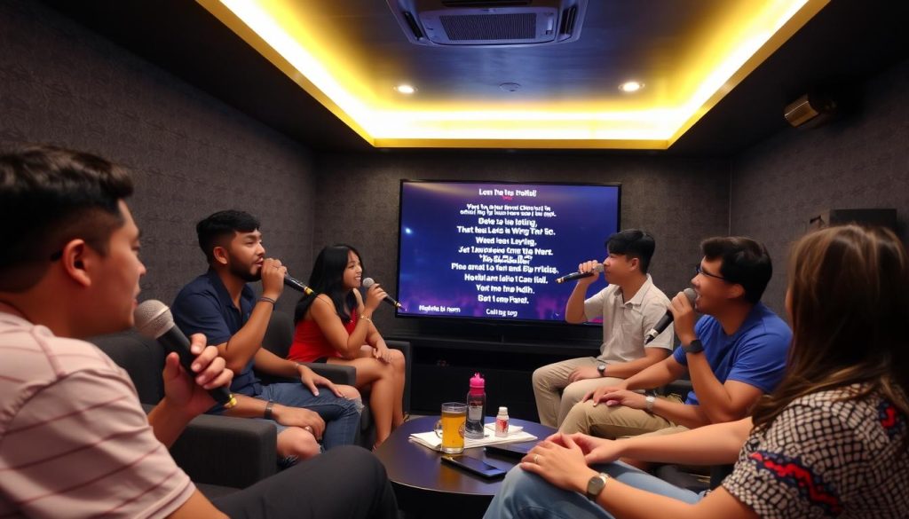 People enjoying karaoke in a private KTV room in Cebu