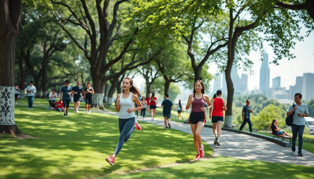 People jogging and relaxing at Lumpini Park in Bangkok