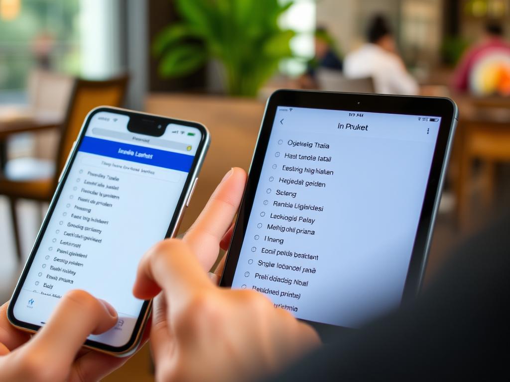 Person learning Thai phrases from a language app to help with meeting people in Phuket Person learning Thai phrases from a language app to help with meeting people in Phuket
