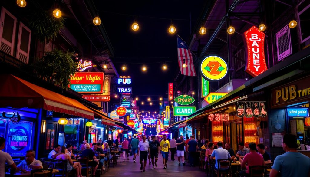 Pub Street in Siem Reap at night showing Cambodia nightlife scene with bars and restaurants
