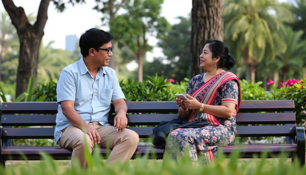 Friendly conversation between travelers in a public park in Phnom Penh