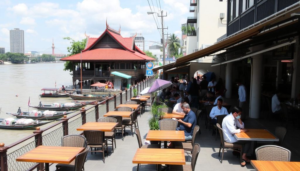 Riverside area in Phnom Penh with cafés and restaurants Riverside area in Phnom Penh with cafés and restaurants