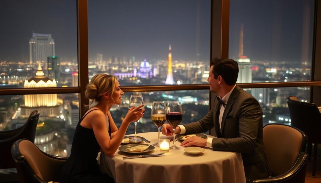 Memorable dinner at an upscale restaurant overlooking Ho Chi Minh City skyline Upscale dining in Ho Chi Minh City