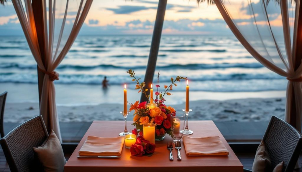 Dinner setting at beachfront restaurant in Bali, typical for budget adventures