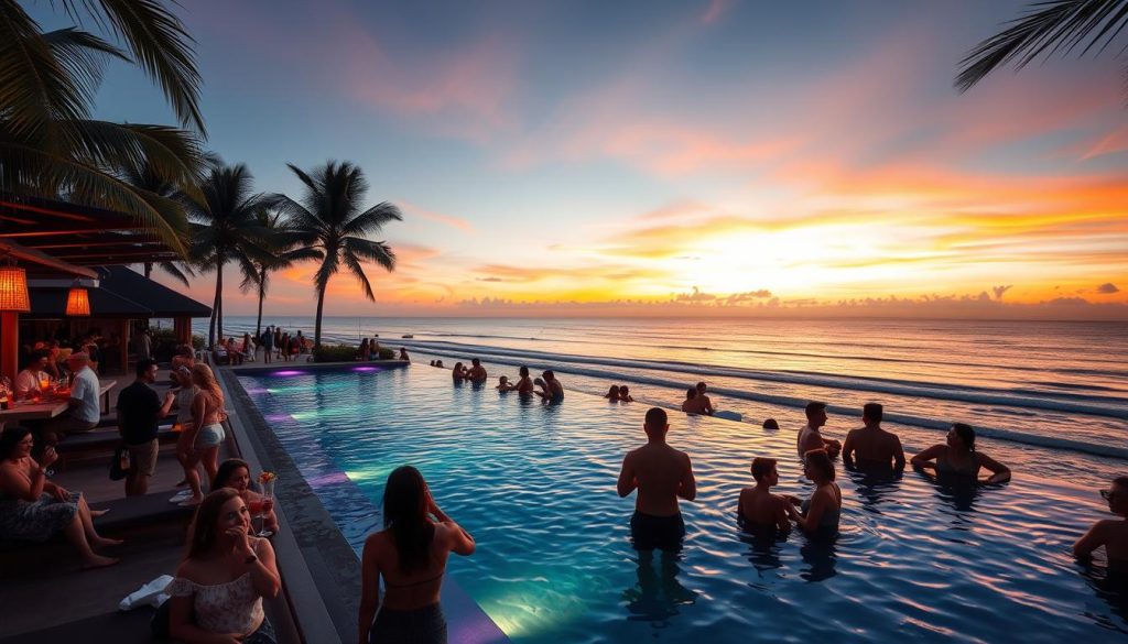 Seminyak beach club at sunset with people socializing around pool indonesia nightlife for young travelers