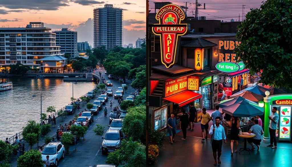 Split image showing Phnom Penh riverside and Siem Reap pub street, popular dating locations Split image showing Phnom Penh riverside and Siem Reap pub street, popular social locations