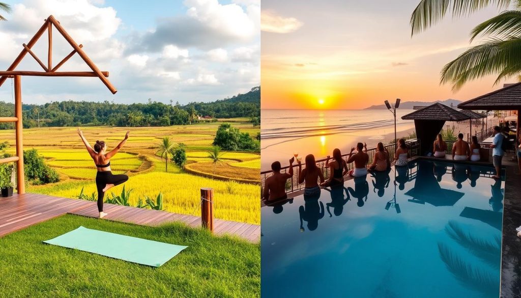 Split image showing Ubud yoga retreat and Seminyak beach club, comparing different cost of adventure in Bali regions