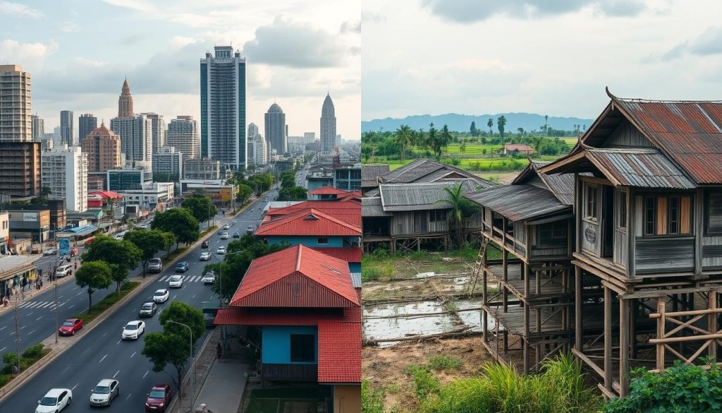 Split image showing modern Phnom Penh skyline contrasted with traditional rural Cambodian village Split image showing modern Phnom Penh skyline contrasted with traditional rural Cambodian village
