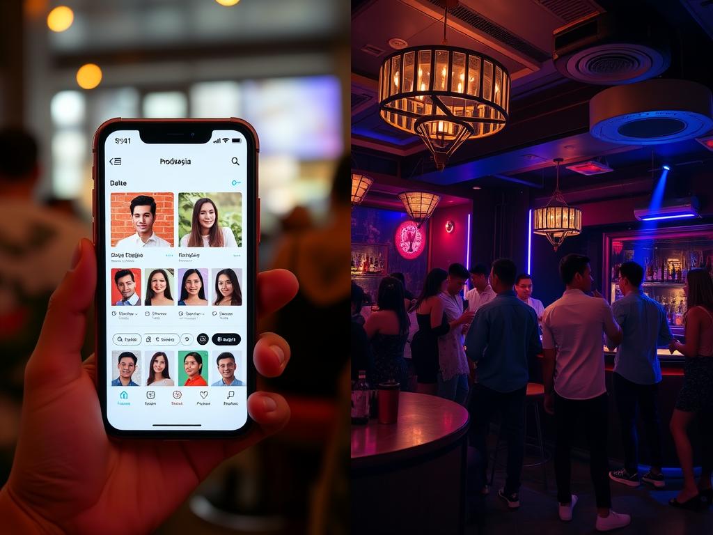 Split image showing smartphone with travel app and lively Indonesian nightclub Split image showing smartphone with travel app and lively Indonesian nightclub