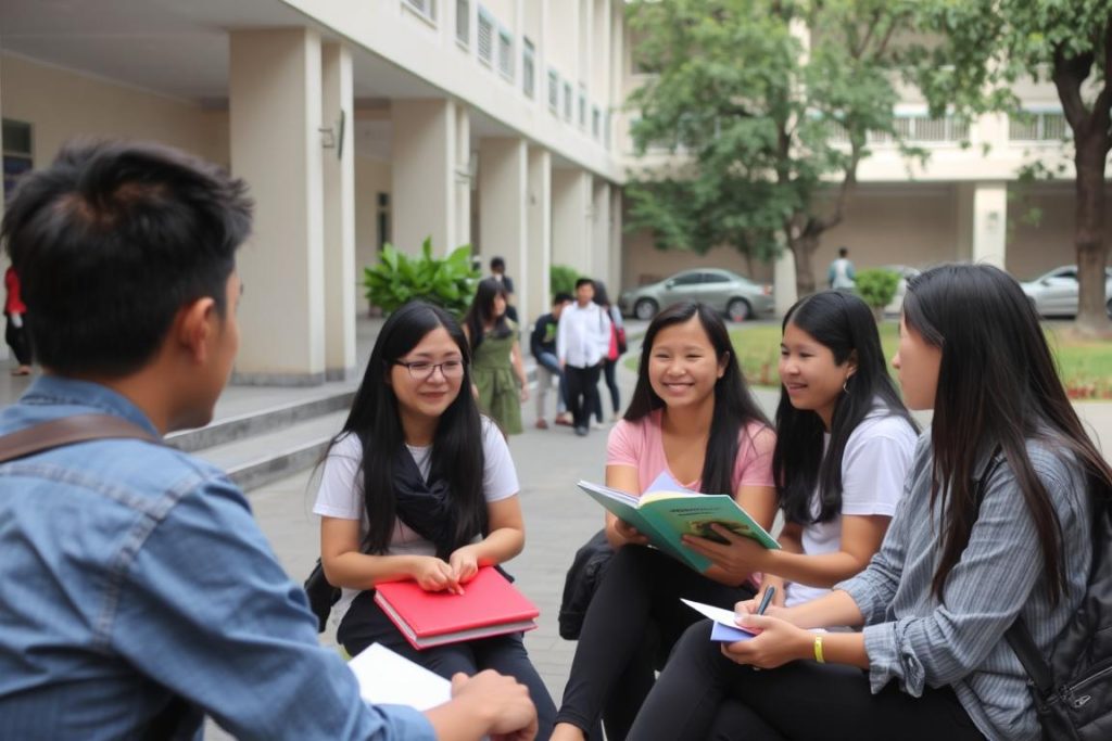 Students studying outside a university campus in Phnom Penh