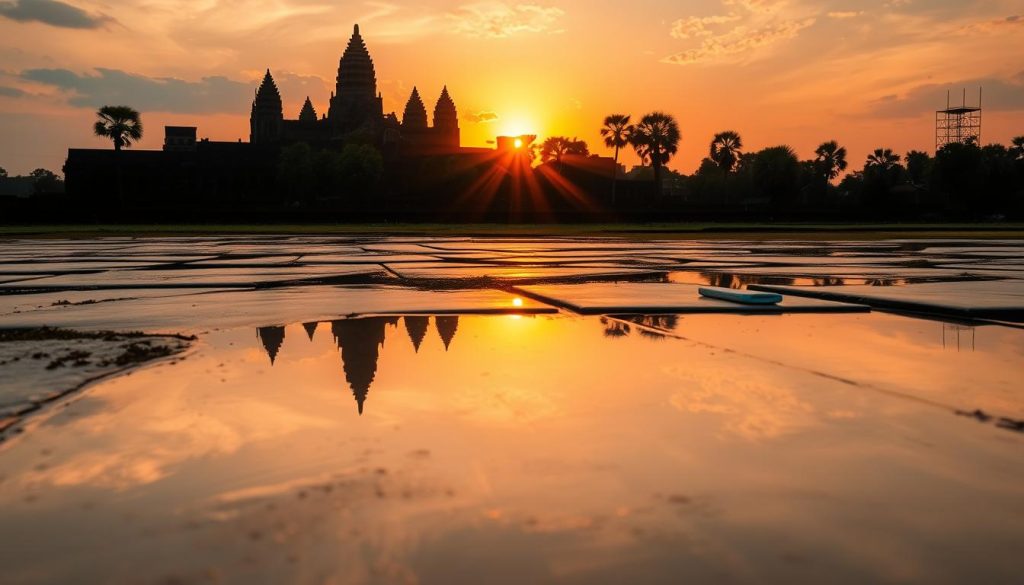 Sunset over Angkor Wat temple symbolizing the beauty of Cambodian culture Sunset over Angkor Wat