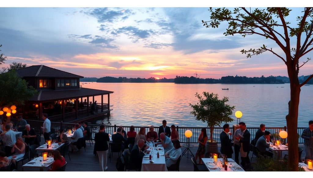 Sunset view of West Lake (Tay Ho) in Hanoi with upscale waterfront venues