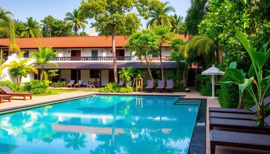 Swimming pool and garden area at La Niche d'Angkor, best hotels Cambodia