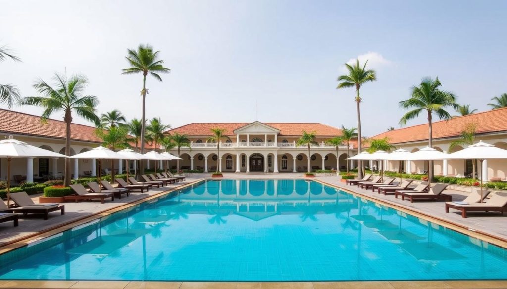 Swimming pool at Sofitel Phnom Penh Phokeethra surrounded by palm trees, best hotels Cambodia