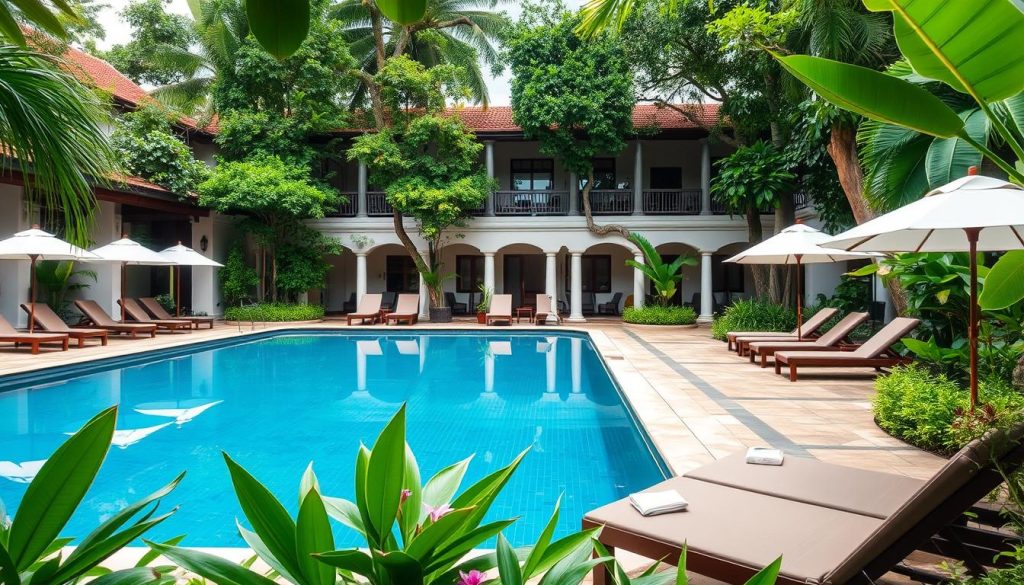 Swimming pool surrounded by tropical gardens at Plantation Urban Resort & Spa, best hotels Cambodia