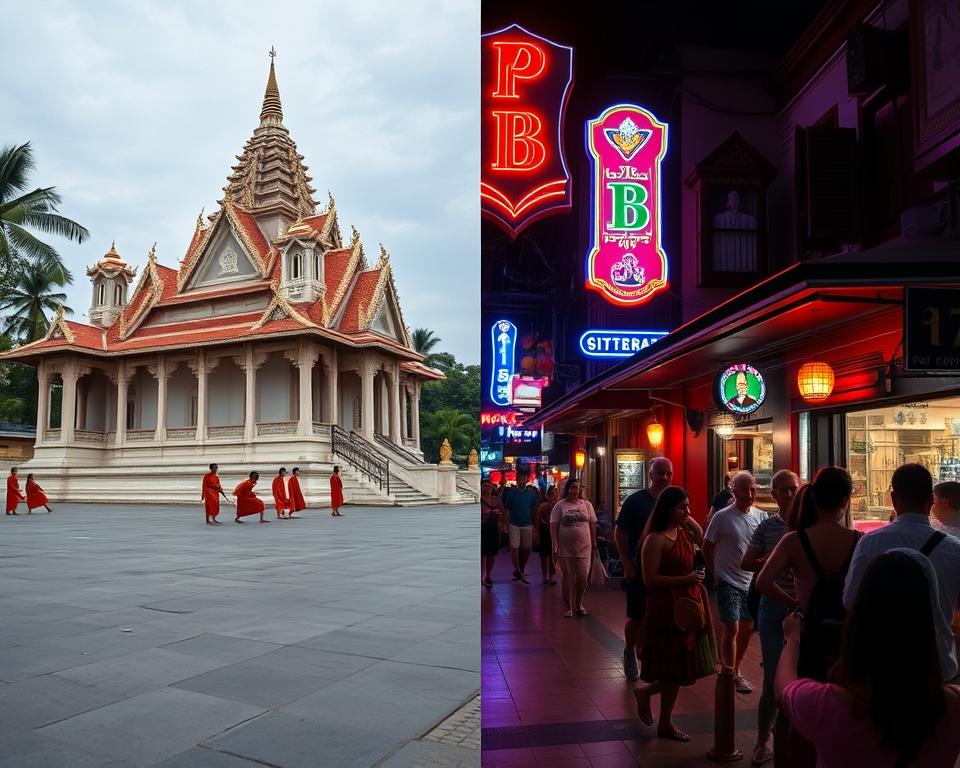 Traditional temple vs modern nightlife in Siem Reap