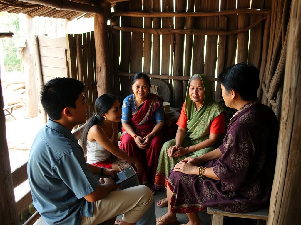 Traditional Cambodian rural courtship with family members present during a couple's meeting Traditional Cambodian rural scene with community members present during social gatherings