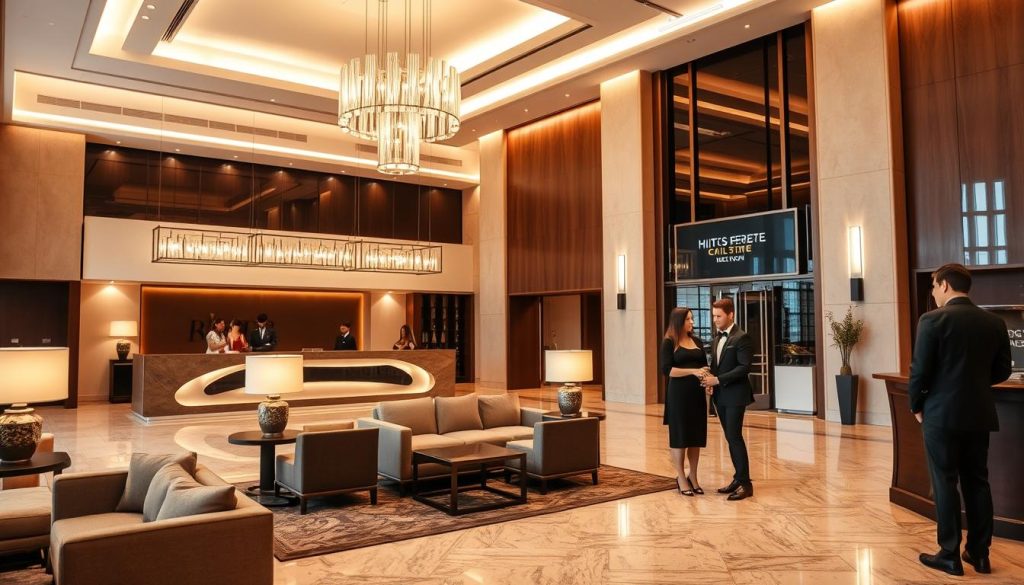 Upscale hotel lobby in Angeles City with modern design Upscale hotel lobby in Angeles City with modern design