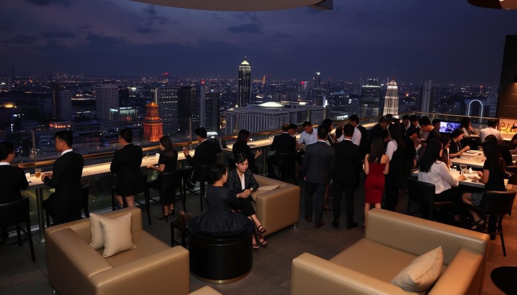 Upscale rooftop bar in Jakarta with diverse clientele Rooftop bar in Jakarta