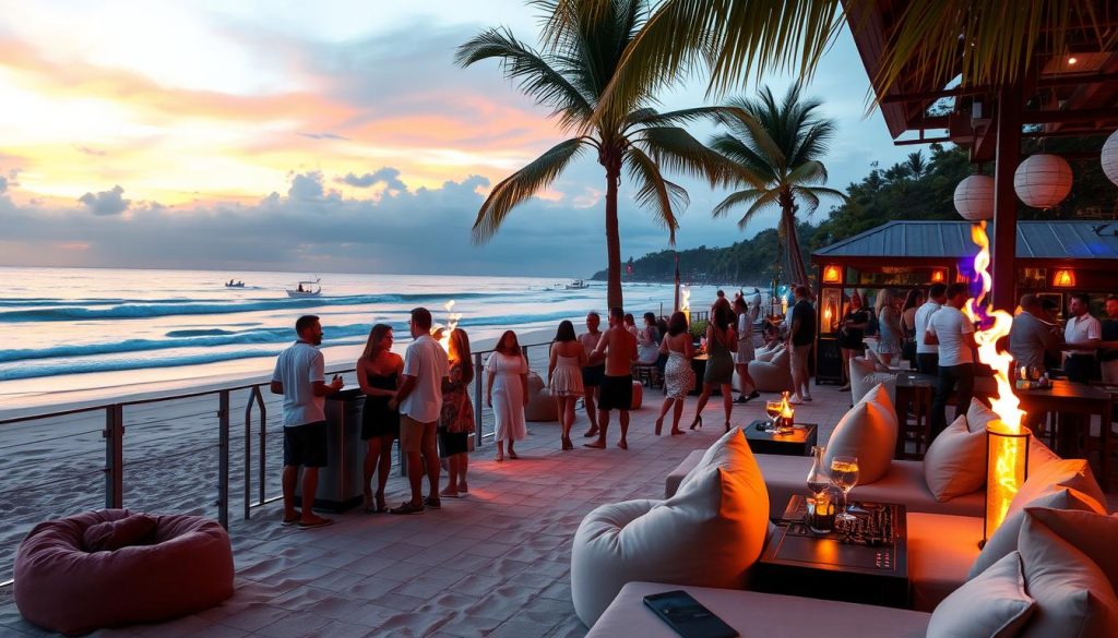 Vibrant beach club in Kuta with sunset DJ party and travelers enjoying drinks, representing nightlife cost of adventure in Bali