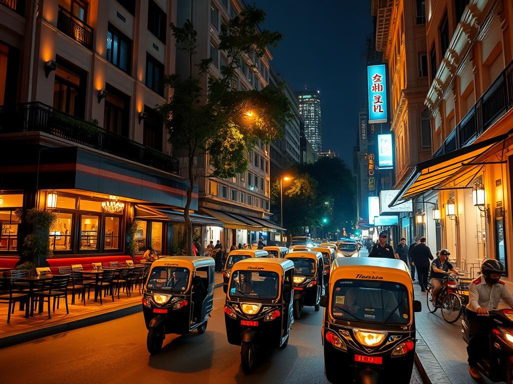 Well-lit street in Phnom Penh's upscale BKK1 district