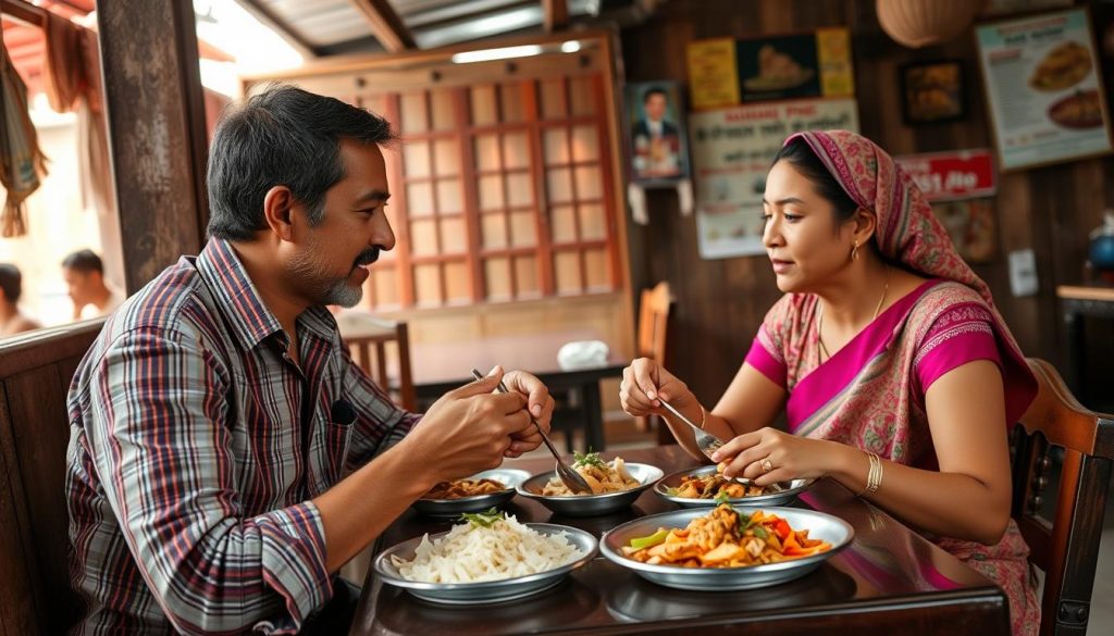 Western man and Cambodian woman enjoying a traditional Cambodian meal together Young travelers enjoying a traditional Cambodian meal