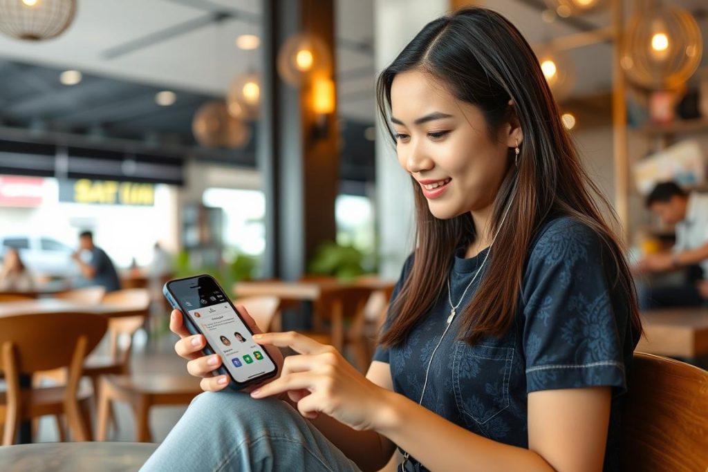 Young traveler using navigation apps on smartphone in a cafe Young traveler using navigation apps on smartphone in a cafe